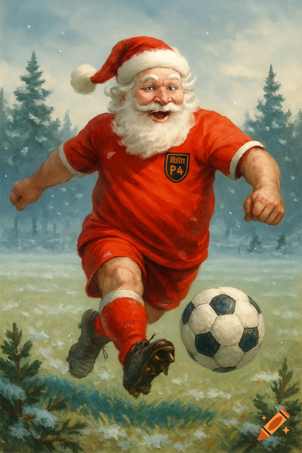 A painterly illustration of Santa Claus in a red soccer uniform, running and kicking a ball on a snowy field with pine trees.