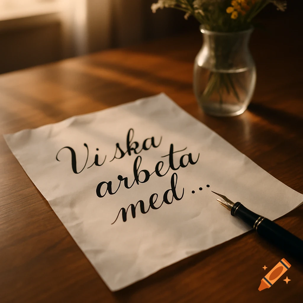 Crumpled paper with 'Vi ska arbeta med...' and a fountain pen on a wooden desk with flowers in the background.