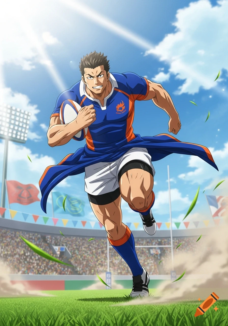 Muscular anime rugby player in blue and orange uniform runs with a ball on a sunny stadium field with cheering crowd.