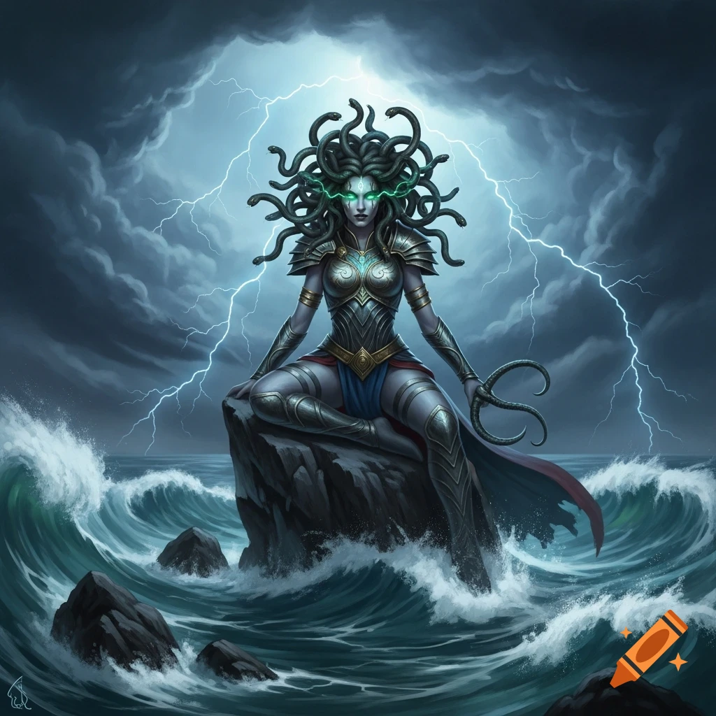 Medusa, with glowing green eyes and snake hair, sits in bronze armor on a rock in a stormy sea with lightning.