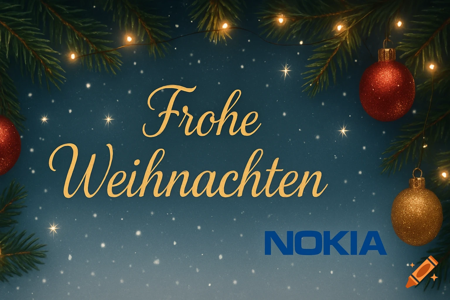 A Christmas greeting card with gold 'Frohe Weihnachten' text, snowy blue background, pine branches, string lights, red and gold ornaments, and the Nokia logo.