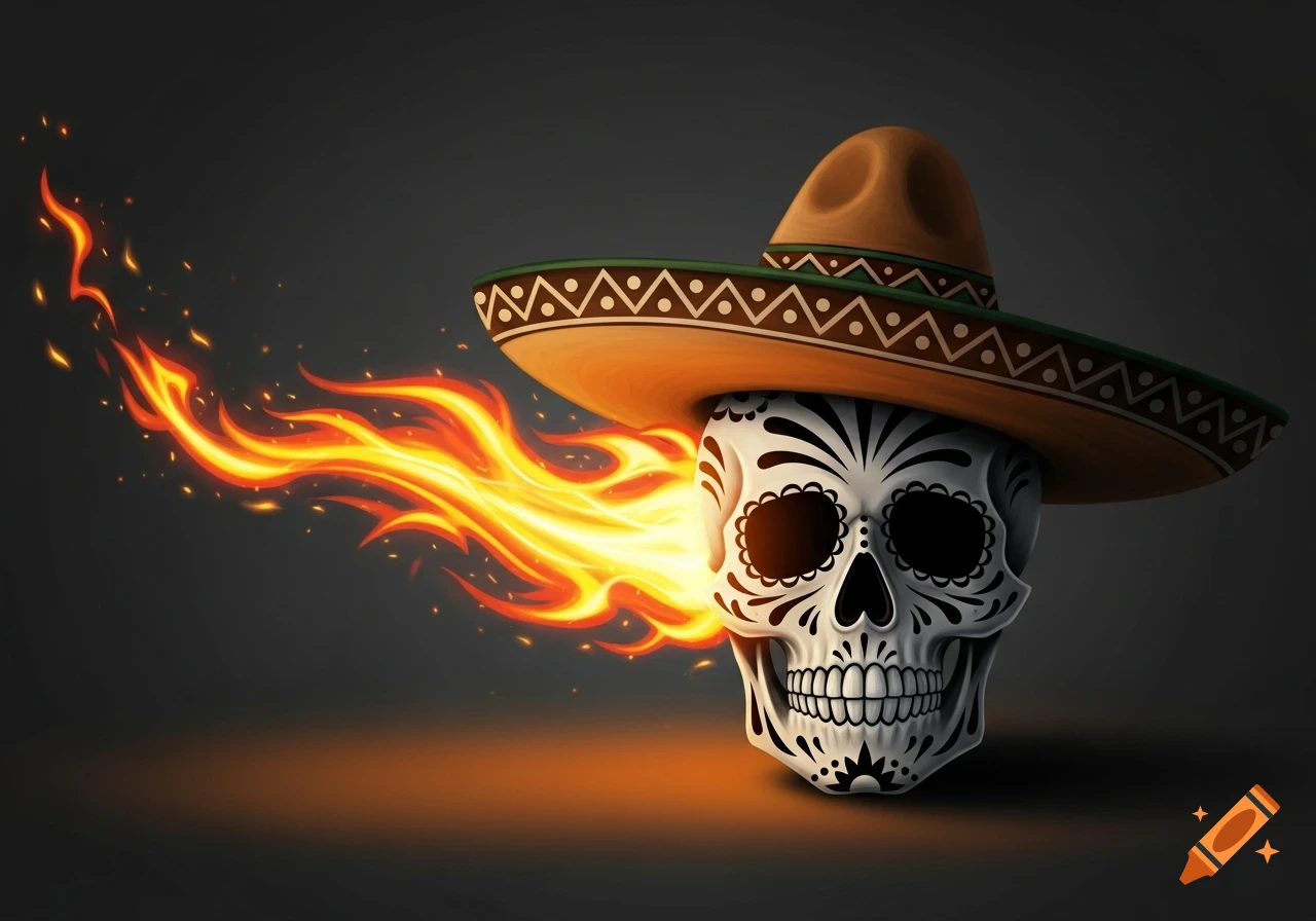 A stylized sugar skull wearing a sombrero, breathing orange and yellow fire from its mouth against a dark background.