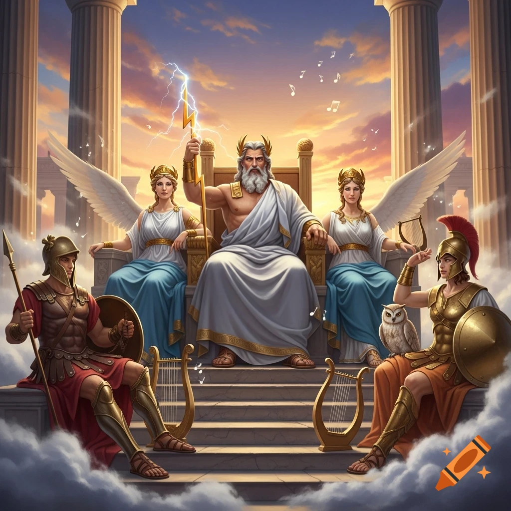 Zeus with a lightning bolt sits on a throne flanked by two winged goddesses, and two warriors with an owl, amidst clouds and classical columns under a dramatic sky.