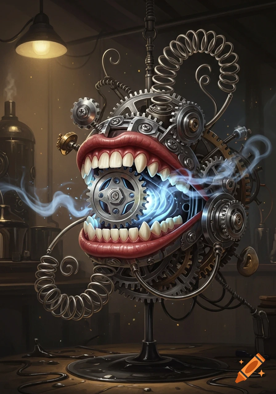 A detailed steampunk mechanical contraption with a large mouth, sharp teeth, and gears, emitting blue energy in a dim workshop.