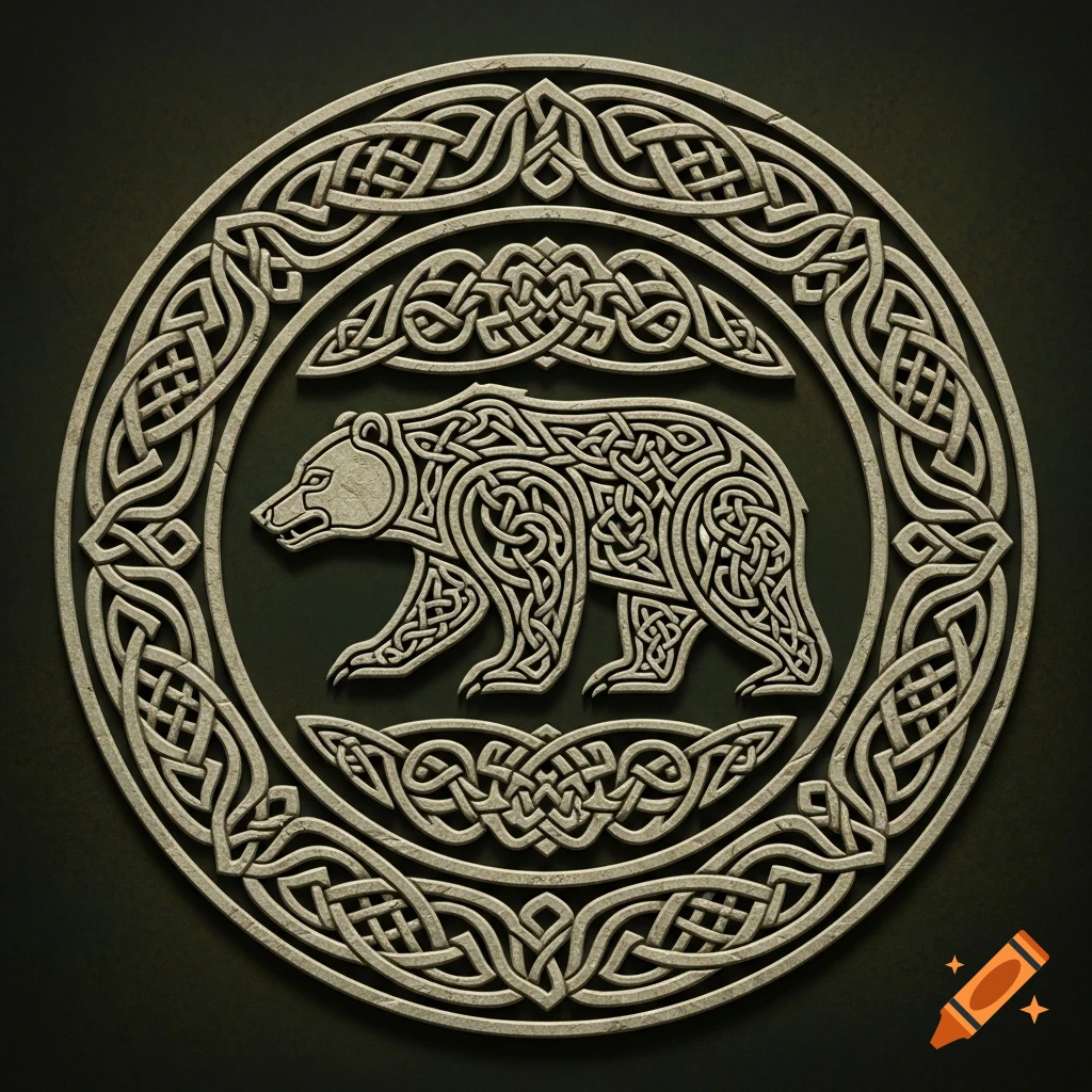 A detailed celtic knot-work design of a bear inside a circular patterned frame, resembling an embossed stone carving.