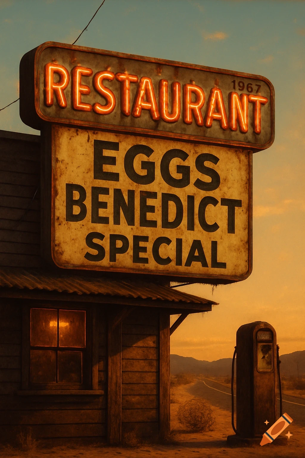 An old, rusty neon restaurant sign for 'Eggs Benedict Special' and '1967' next to a wooden building and a gas pump in a desert at sunset.