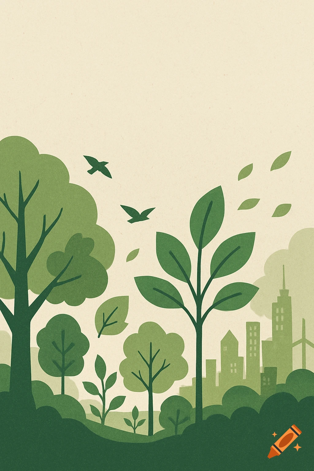 Stylized ecological illustration with green trees, flying birds, and a subtle city silhouette against a beige textured background.