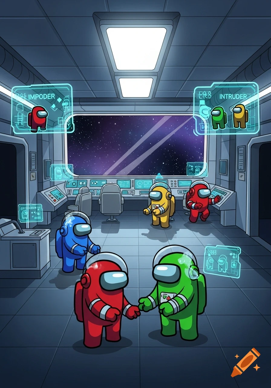 Cartoon Among Us characters in a spaceship bridge. Red and green characters shake hands as holographic displays show 'IMPODER' and 'INTRUDER'.