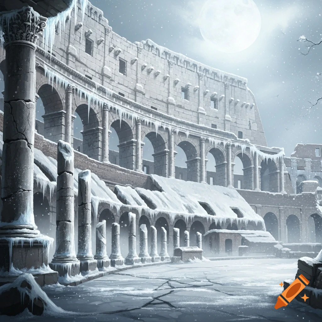 A snow-covered Roman Colosseum ruin with icicles under a bright full moon, with falling snow.