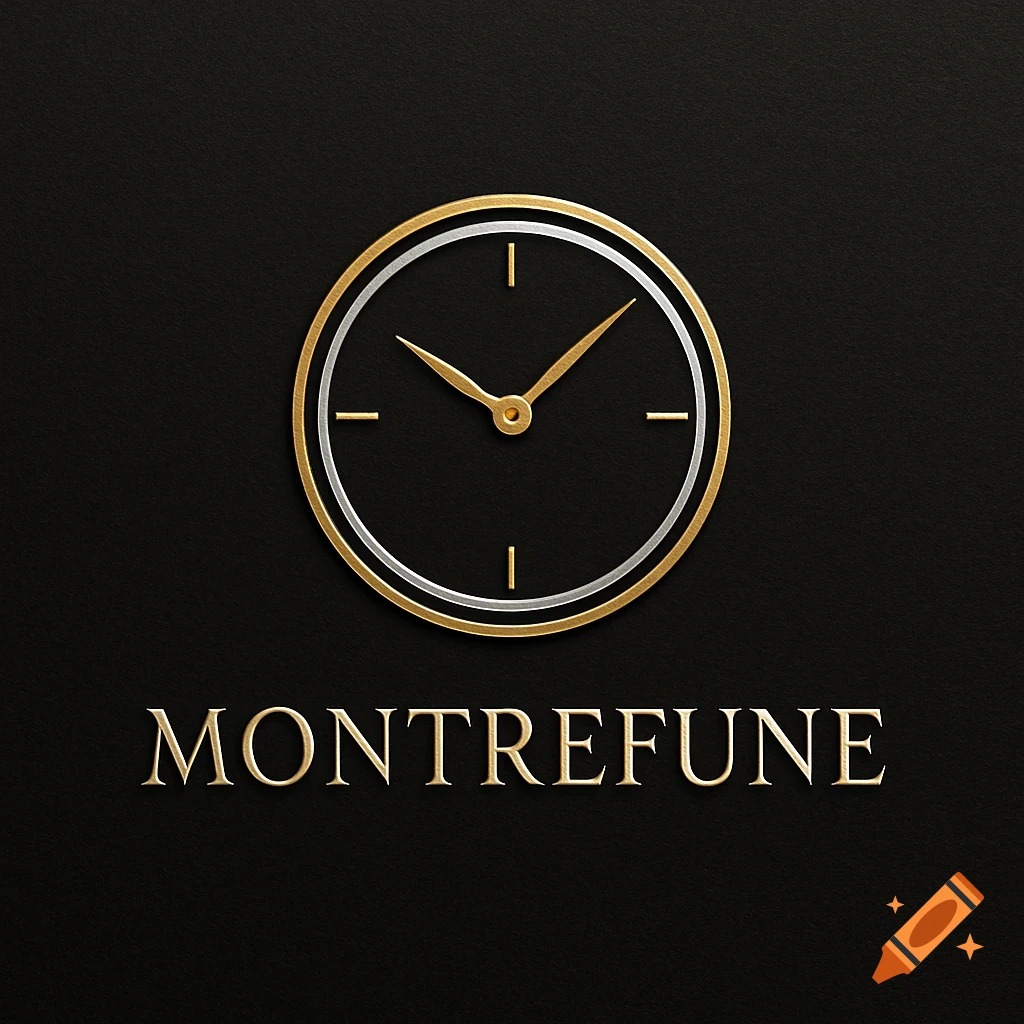 An elegant gold and silver clock face logo above the word "MONTREFUNE" in metallic gold, on a textured black background.