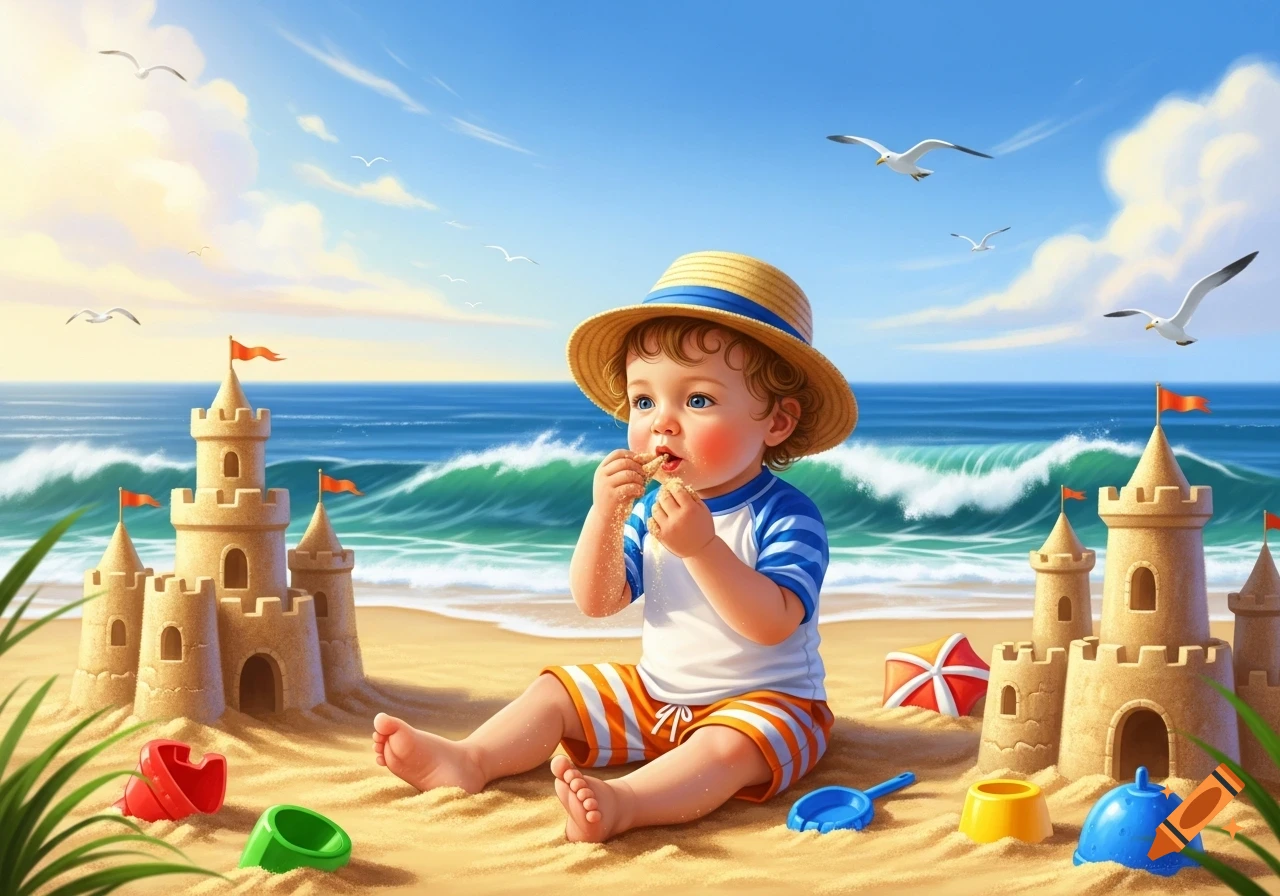 A toddler in a straw hat and striped outfit sits on a sandy beach, eating sand next to sandcastles and colorful beach toys, with ocean waves and seagulls in the background.