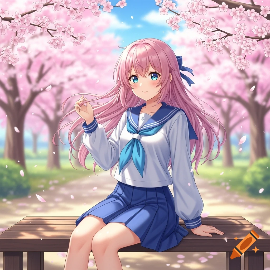 Pink-haired anime girl in a seifuku sits on a bench under cherry blossoms in a park, smiling with blue eyes.