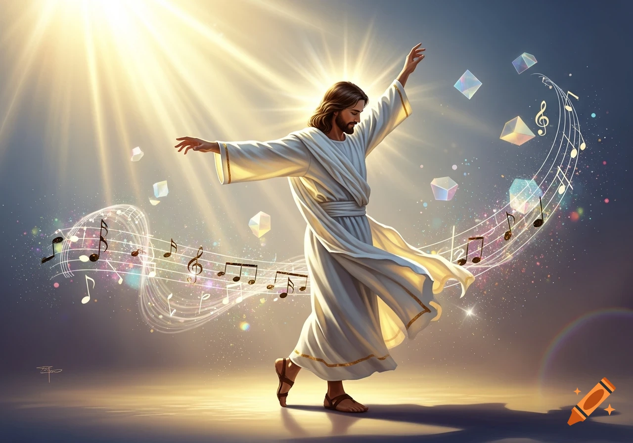 Jesus in white robes with flowing hair, dancing amidst glowing musical notes and geometric shapes under radiant light.