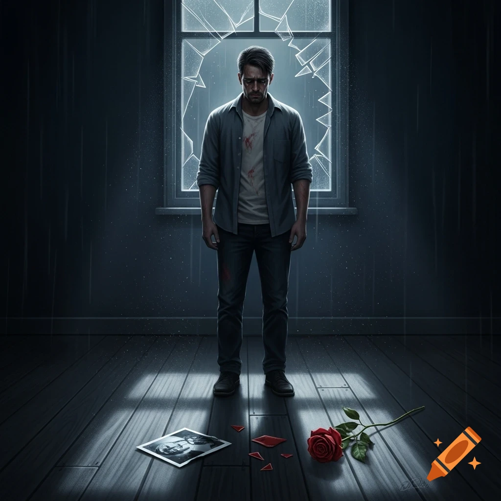 A heartbroken man stands in a dark room with a broken window, a scattered red rose and a photo lie on the wooden floor.