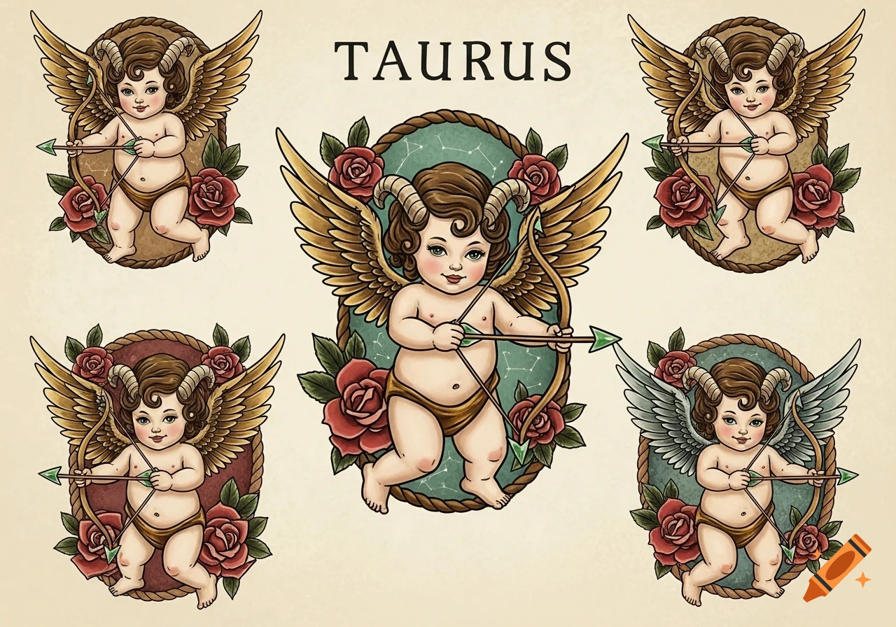 Traditional American tattoo style art of five cherubic Taurus Cupids with ram horns, golden wings, bows, and roses, with 'TAURUS' text.