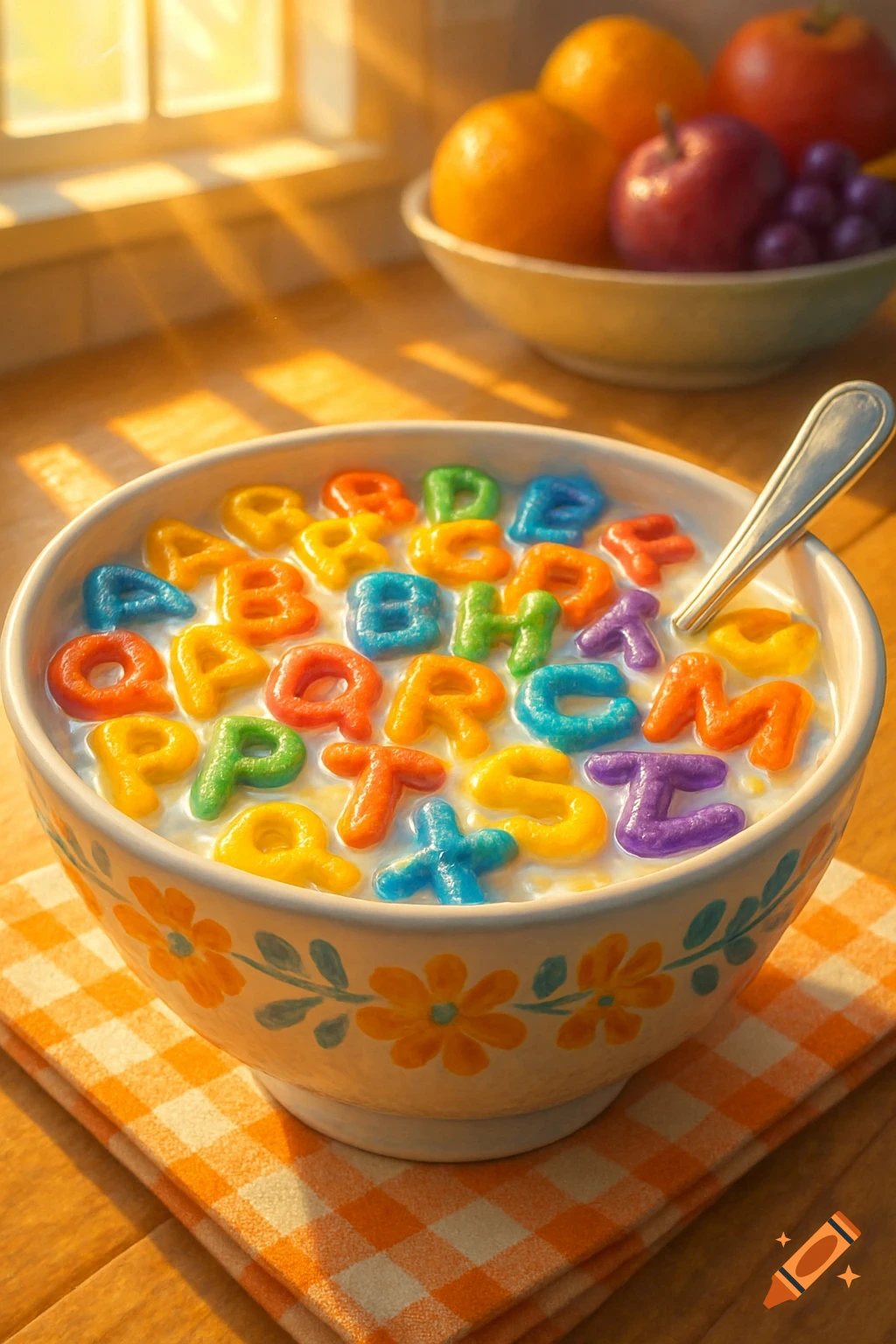 A bowl of colorful alphabet cereal in milk with a spoon, on a checkered napkin, illuminated by sunlight.
