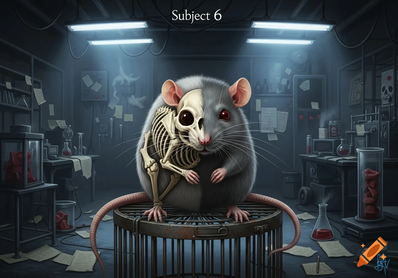 A stylized illustration of 'Subject 6', a rat that is half normal and half skeleton, sitting in a dimly lit laboratory.