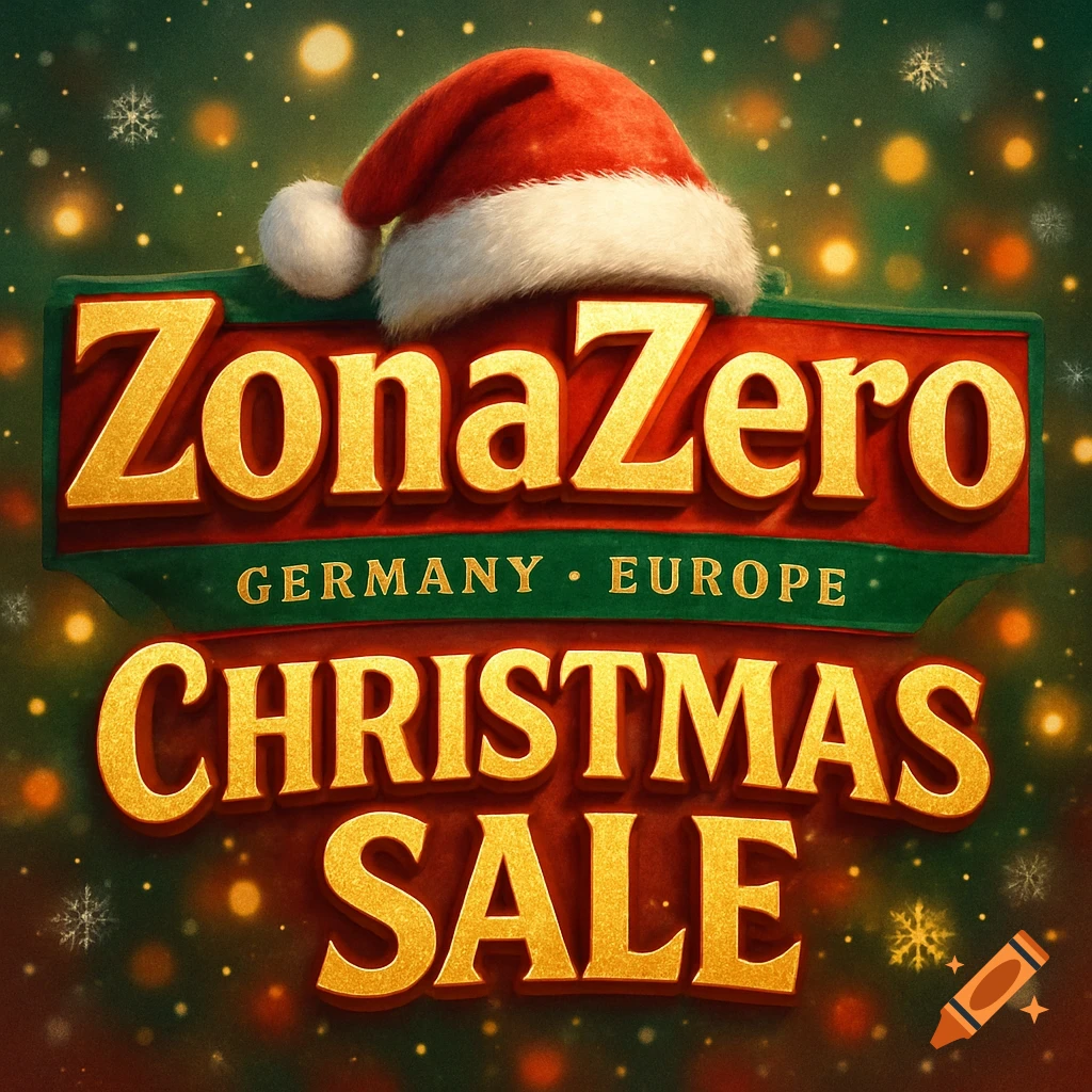 A festive Christmas sale banner with 'ZonaZero' topped by a Santa hat, 'Germany - Europe', and 'Christmas Sale' on a green background with bokeh lights.