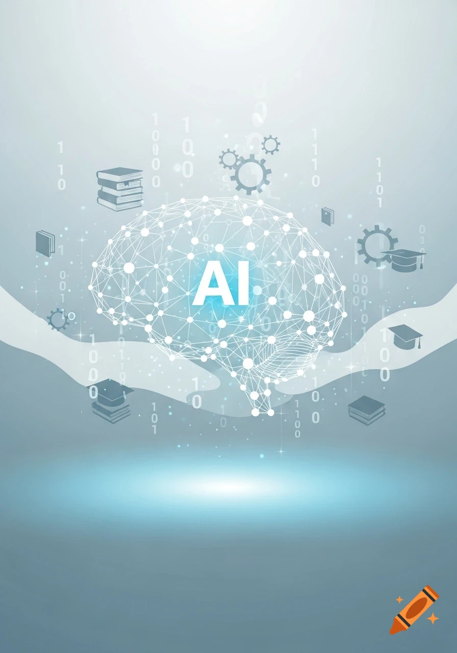 Conceptual illustration of a glowing network brain with 'AI' text, surrounded by books, gears, graduation caps, and binary code on a light blue and gray background.