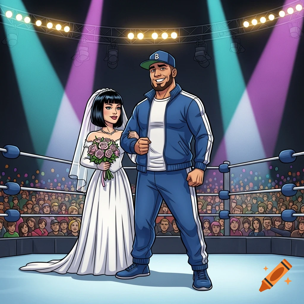 A comic-style image of a bride in a white dress holding a bouquet, and a groom in a blue tracksuit and cap, standing in a wrestling ring with a crowd.