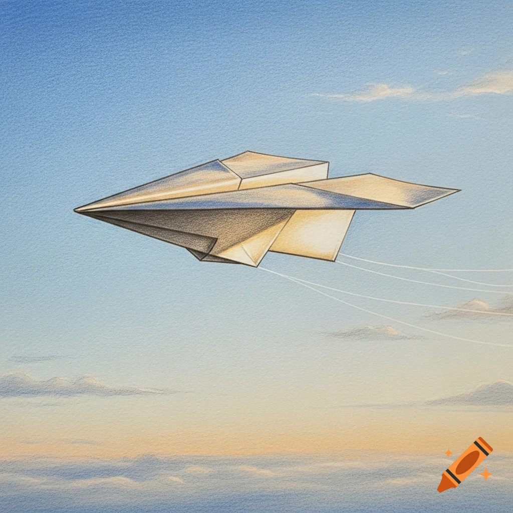 A paper plane with a metallic sheen soaring through a textured blue and orange sky with subtle clouds, in a colored pencil art style.