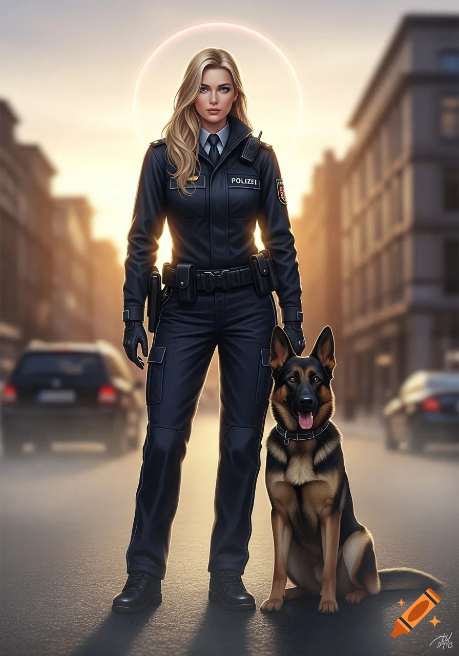 A blonde female police officer in uniform stands with a German Shepherd on a city street at sunset, in an illustration style.