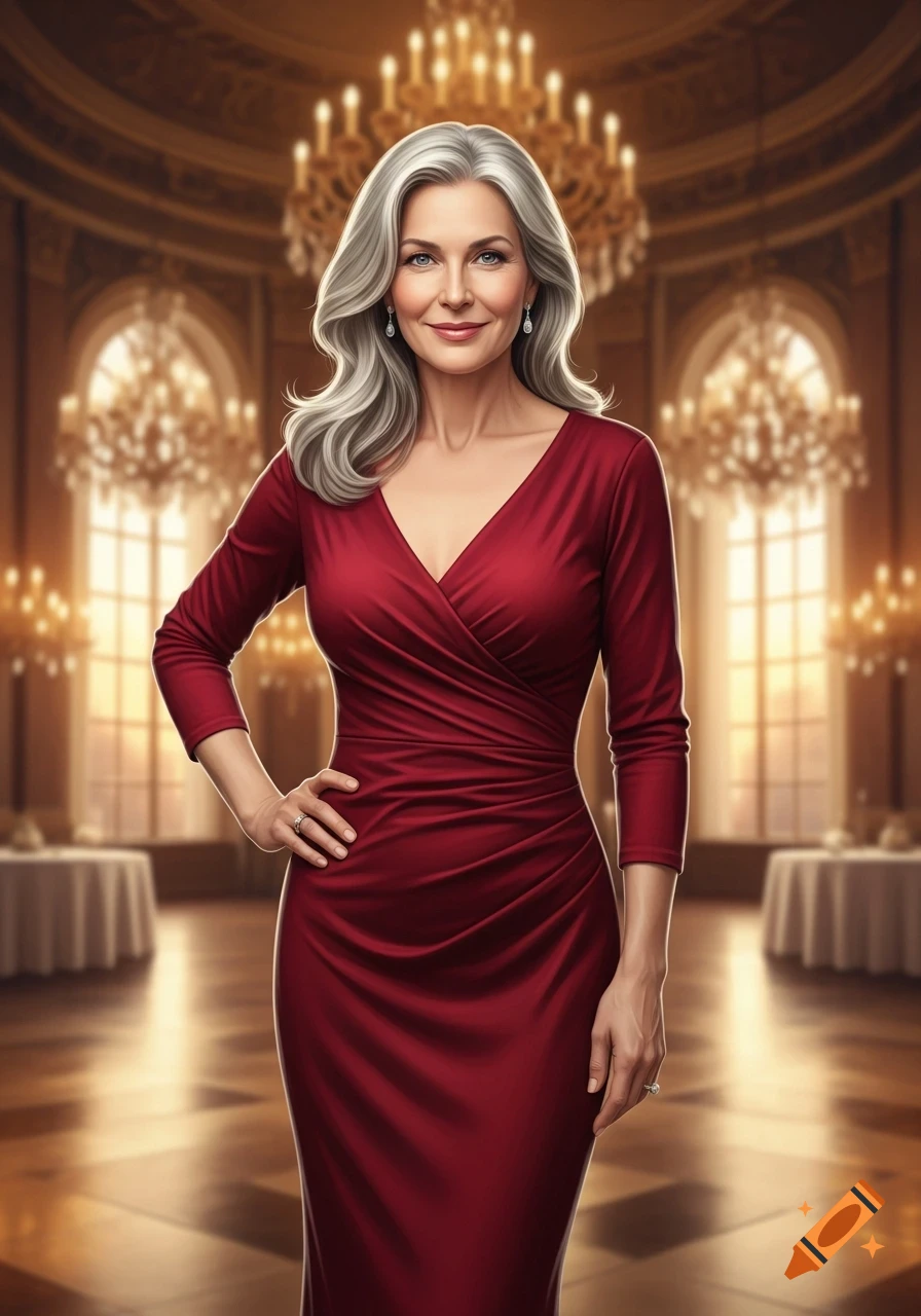A smiling middle-aged woman with grey hair in a red formal dress stands in an elegant ballroom, photorealistic style.