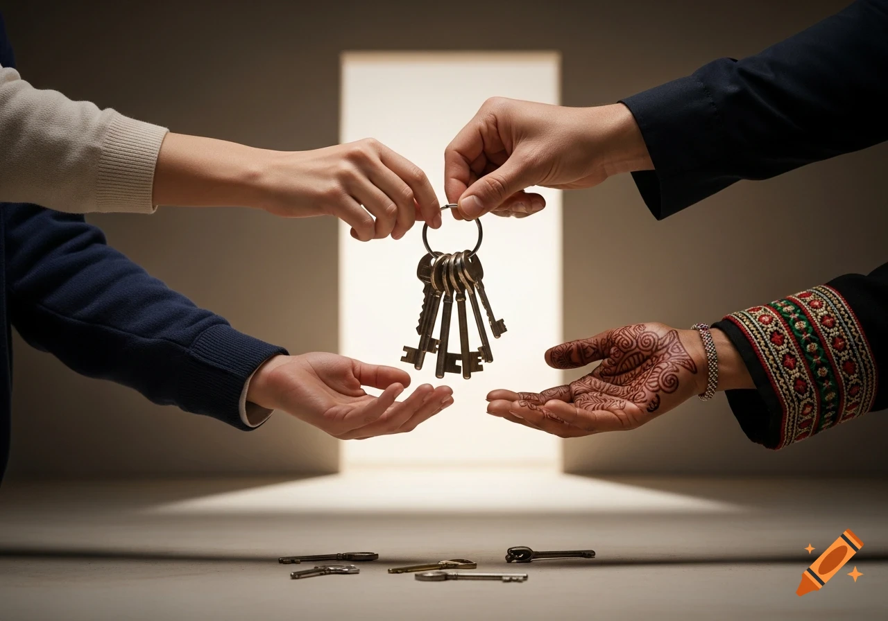 Four hands, one with henna, exchange a large keyring with many keys in a sparse room with loose keys on the floor and a bright doorway in the background.