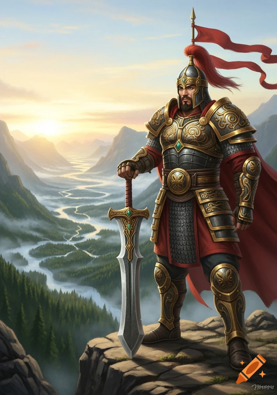 A male warrior in ornate gold and silver armor stands on a cliff with a ...