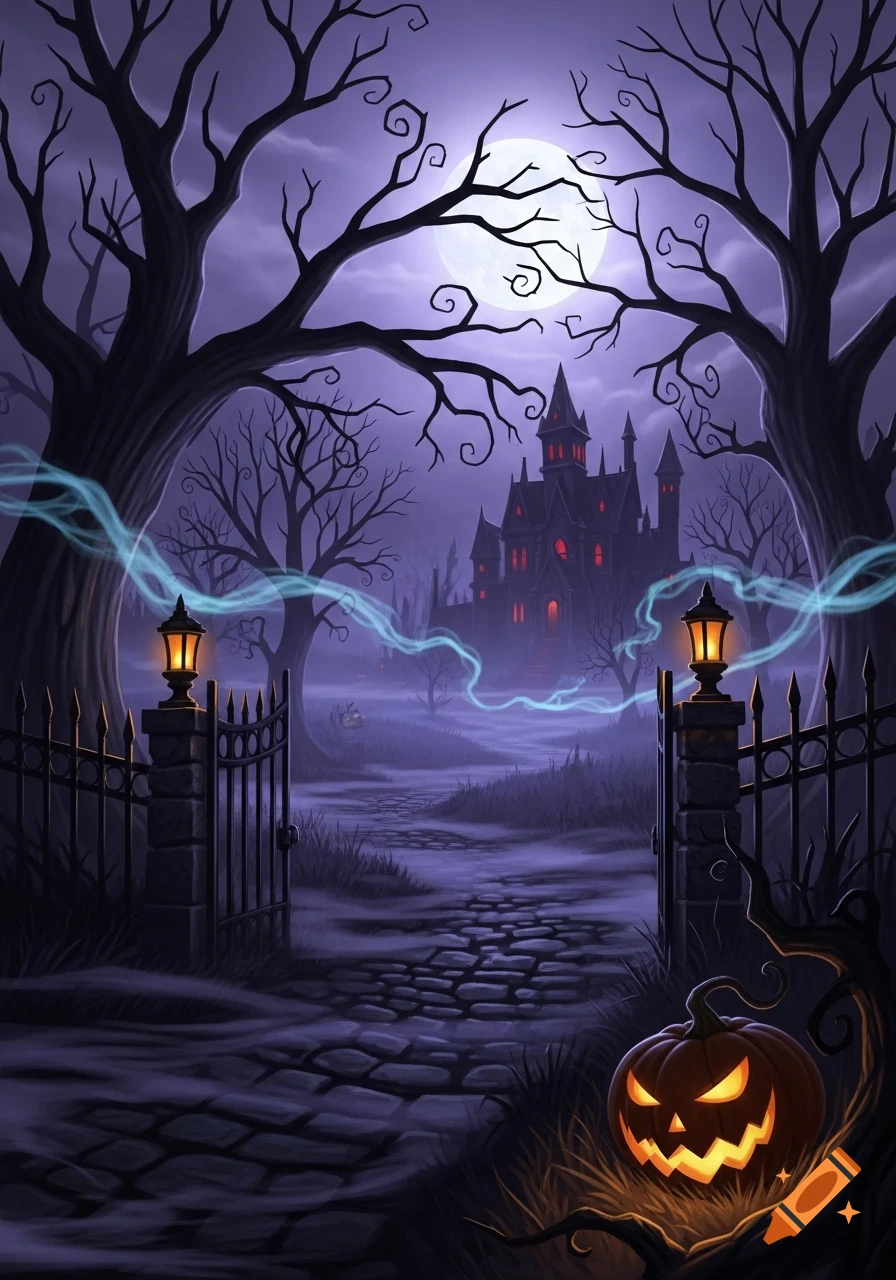 A spooky Halloween illustration of a haunted mansion beyond an open gate, framed by bare trees under a full moon, with a glowing jack-o'-lantern.