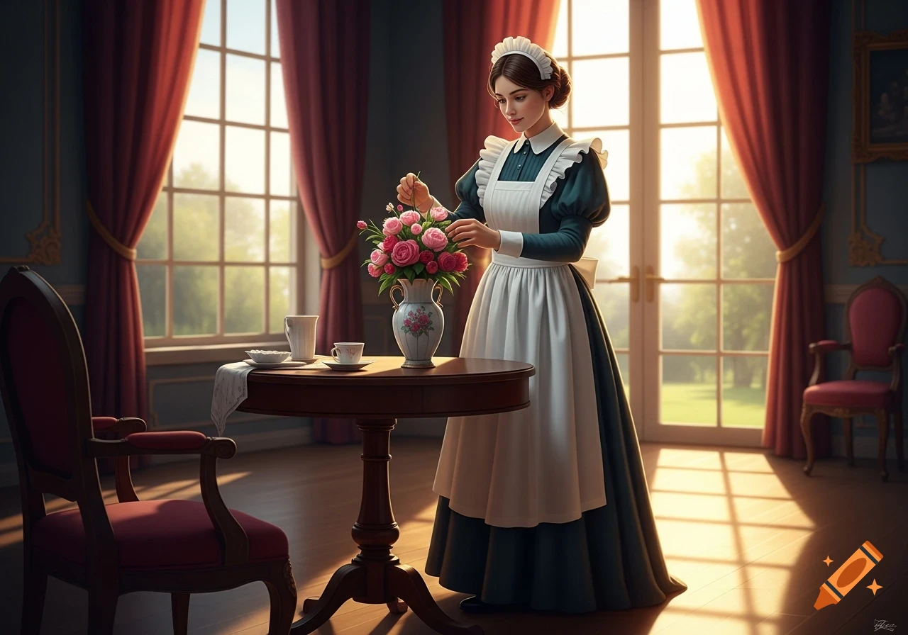 A photorealistic image of a maid in a traditional uniform arranging pink roses in a vase on a table in an elegant room.