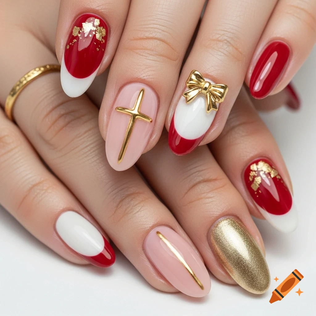 Elegant winter nail art featuring almond-shaped nails with red and white French tips, gold cross, gold bow, and gold glitter accents.