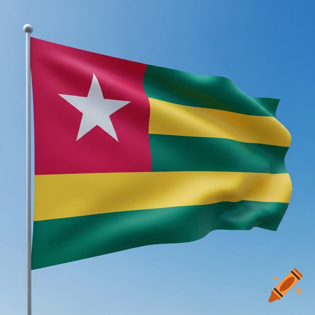 The national flag of Togo, with its red canton featuring a white star and five horizontal stripes alternating green and yellow, waves gently against a bright blue sky.