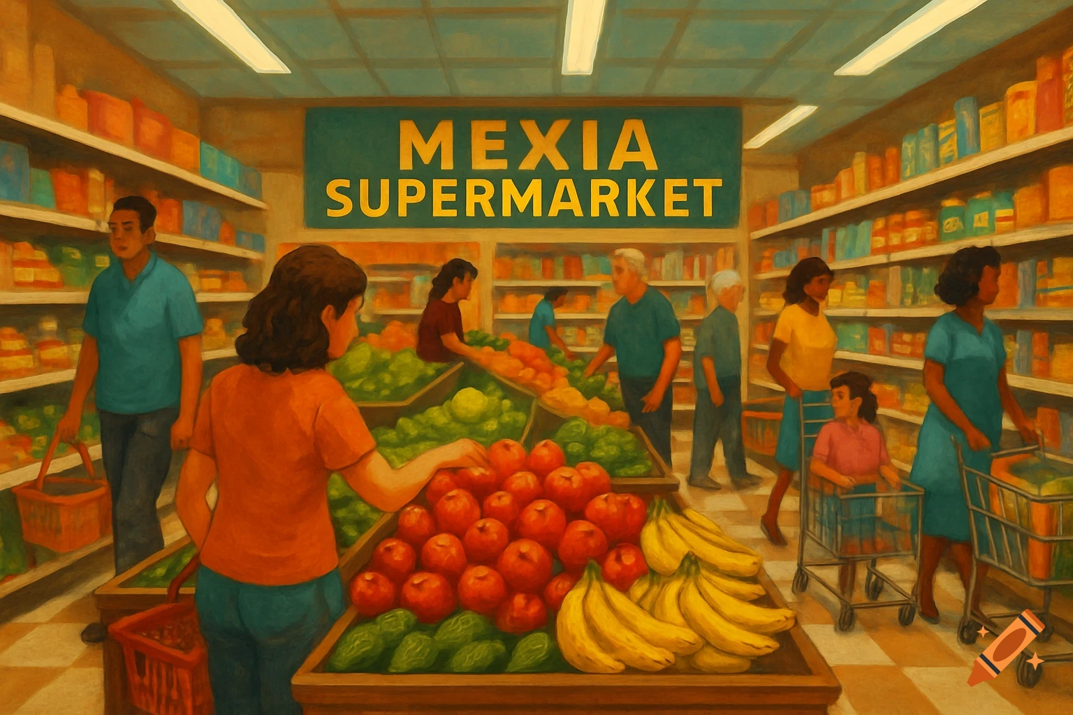 A painted scene of a bustling supermarket with shoppers browsing fresh produce and shelves, under a sign reading 'MEXIA SUPERMARKET'.