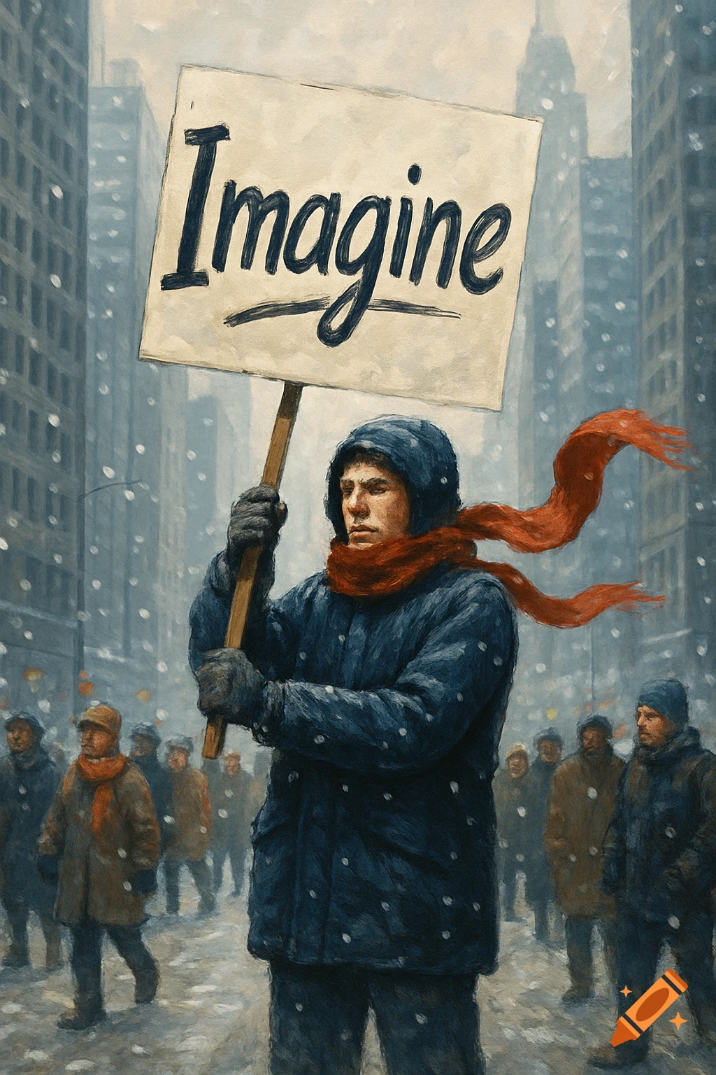 A person in a winter coat and red scarf holds a sign that reads 'Imagine' during a snowy protest in a city, in a painterly style.