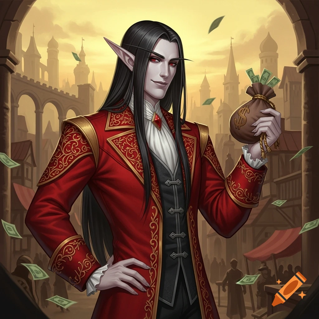 A pale high elf with long black hair, red eyes, and a red noble suit holds a money pouch in a city setting.