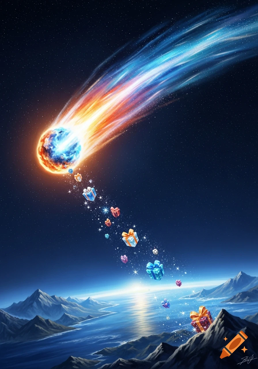 A vibrant comet with a fiery orange and blue tail streaks across a starry night sky, dropping colorful wrapped gifts towards a moonlit mountain and ocean landscape.