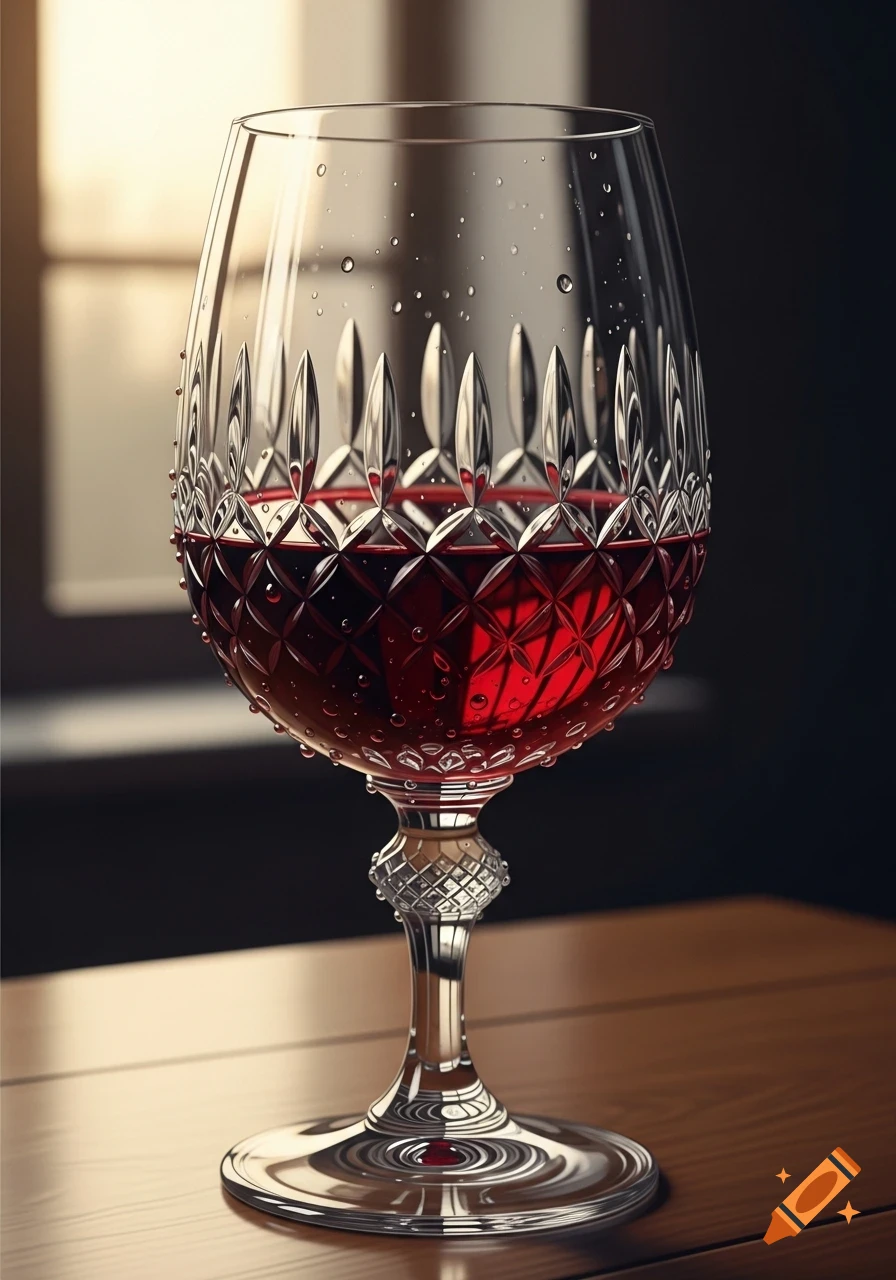 A photorealistic image of an elegant cut crystal wine glass filled with red wine, covered in water droplets, on a wooden table.