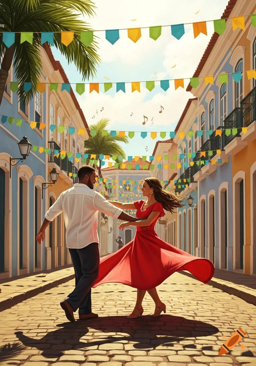 A couple dances in a vibrant, colorful street decorated with banners and palm trees under a sunny sky.