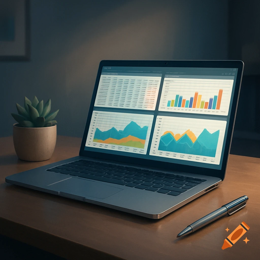 A photorealistic image of a laptop displaying colorful data charts and spreadsheets on a clean wooden desk with a succulent plant and a pen.