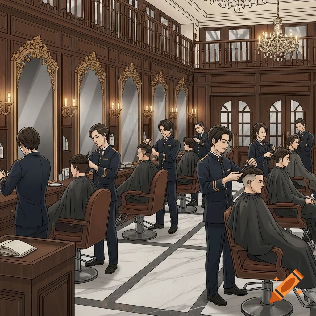 Illustrated scene of a grand barbershop with uniformed barbers cutting clients' hair in an elegant, old-money style.