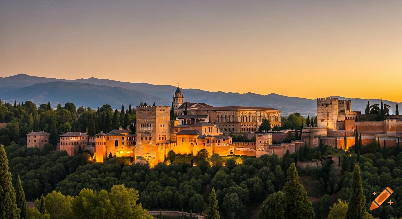 The Alhambra in Granada glows golden at sunset, surrounded by green trees, with mountains in the background.