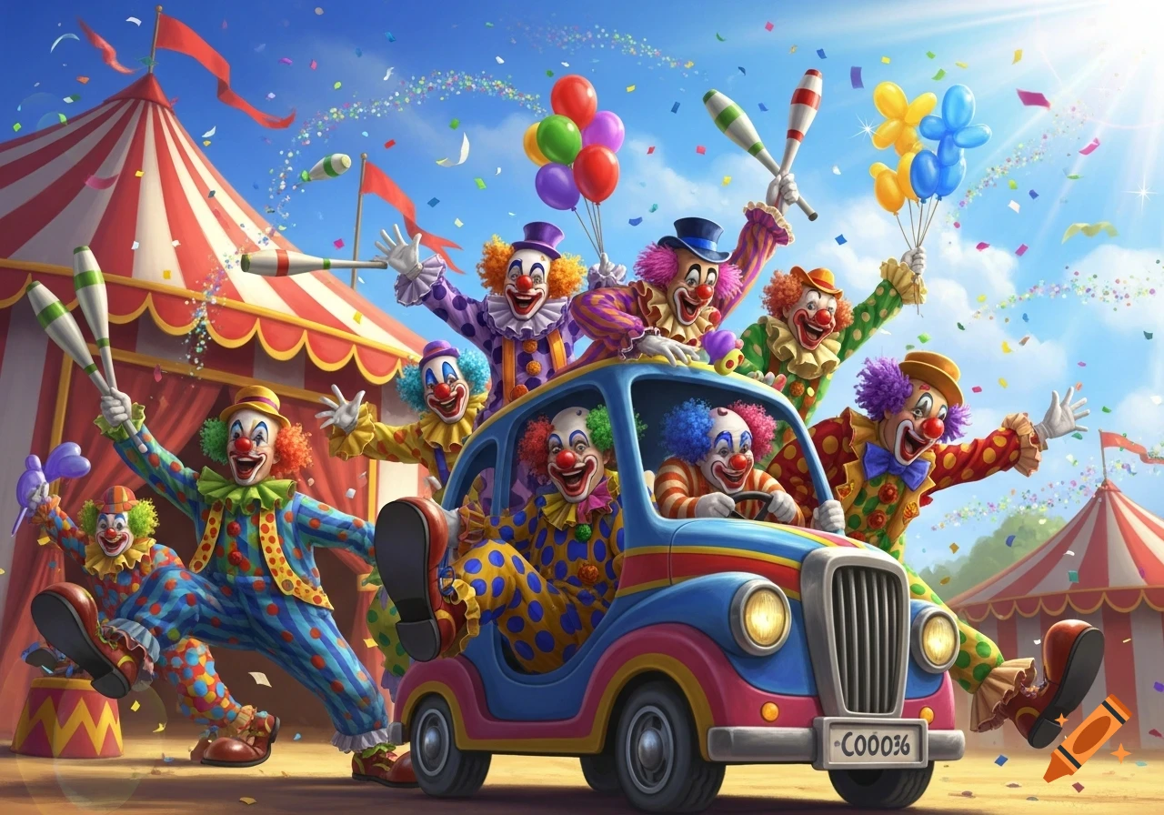 Colorful clowns are piling out of a small car near a circus tent, surrounded by confetti and balloons, in a bright illustration.