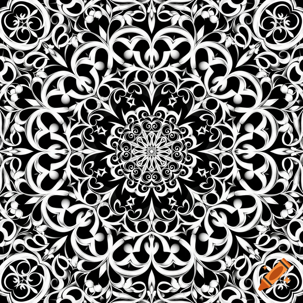 A highly intricate, symmetrical ornamental pattern in black and white, resembling a detailed mandala design.