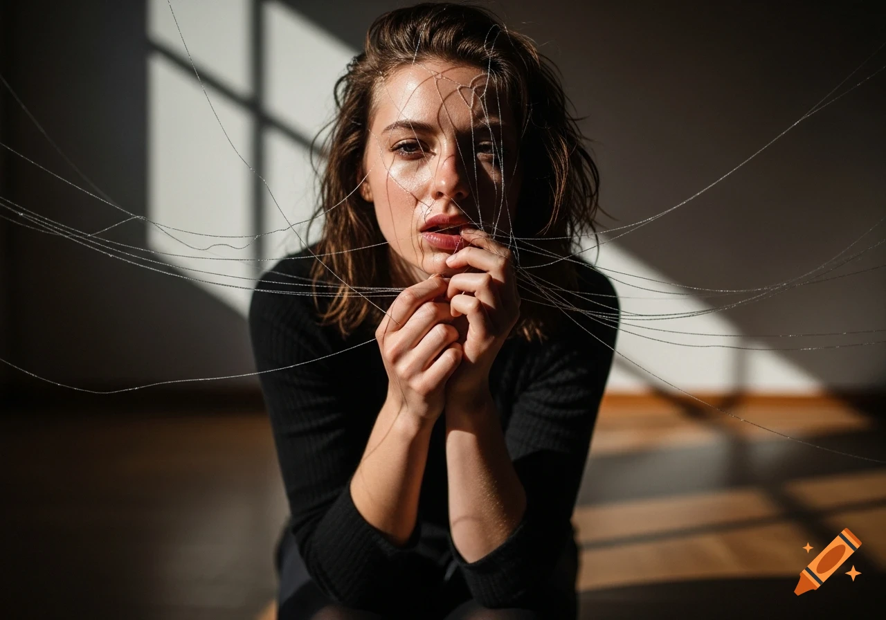 A young woman with an intense expression has thin wires or threads draped across her face and entangled in her hair, in a dramatic, dimly lit portrait.