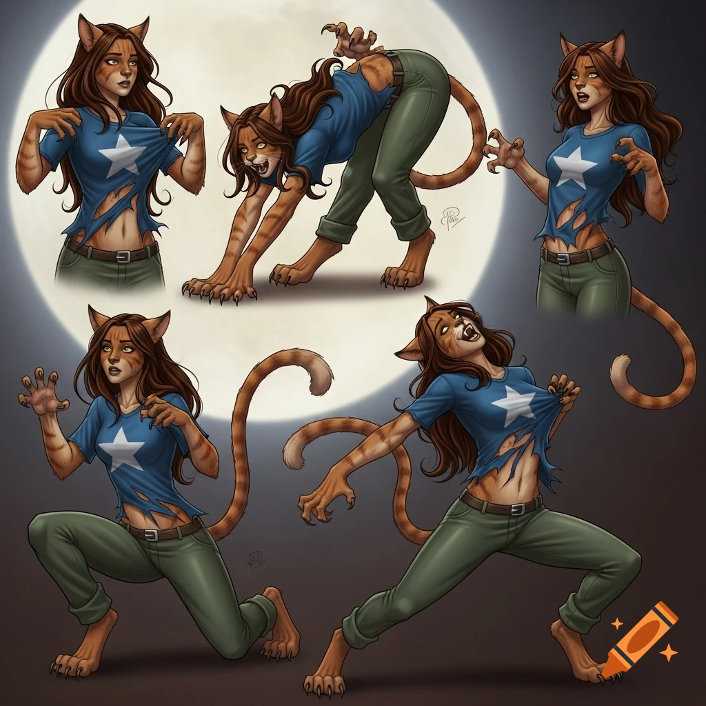 A brown-haired woman transforming into a striped weretiger in various dynamic poses, with tearing clothes and growing claws.