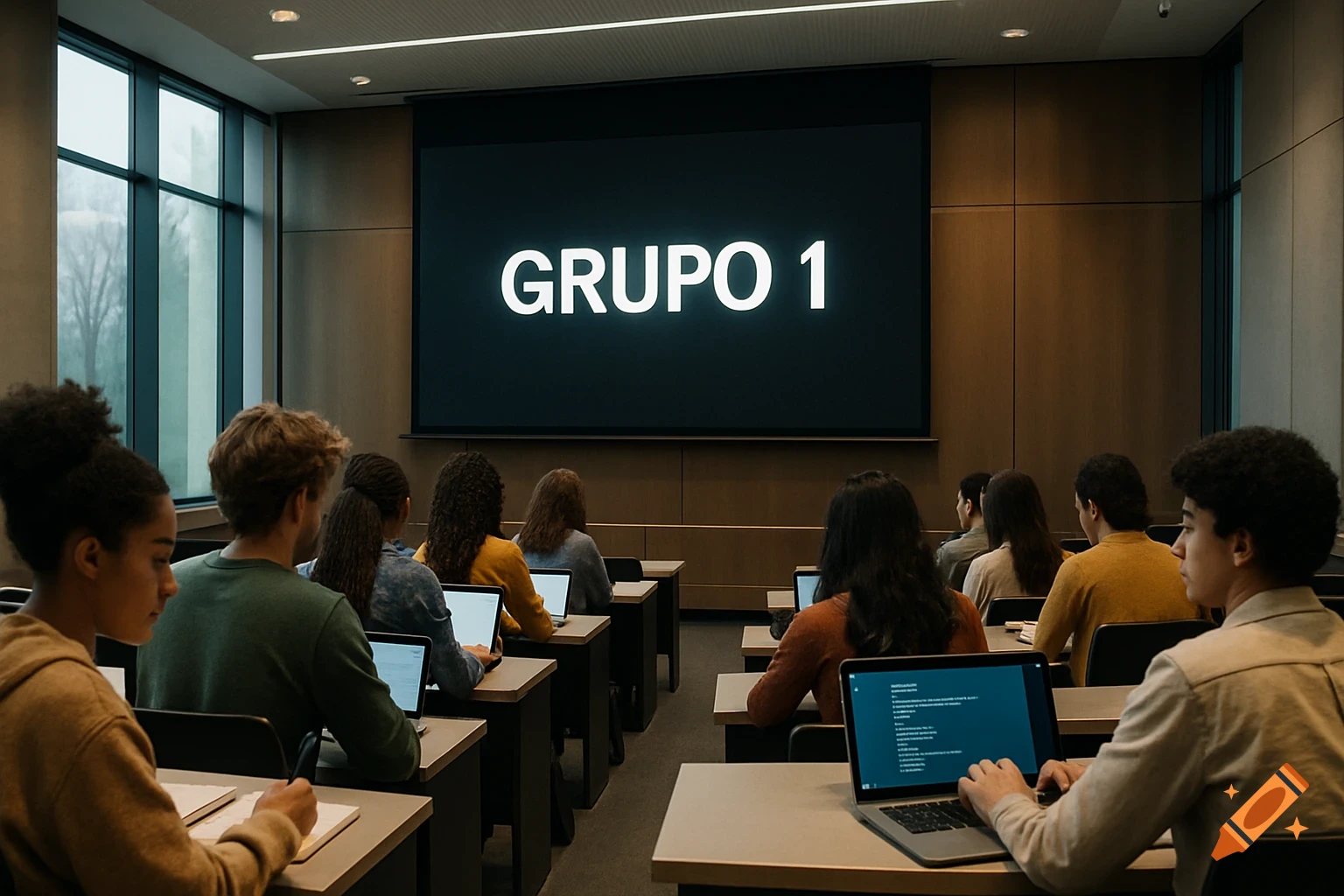 Students in a classroom look at a large screen displaying "GRUPO 1", photorealistic.