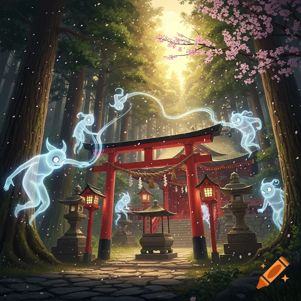 Stylized blue spirits fly around a red Japanese Shinto torii gate in a sunny forest with falling cherry blossoms. A temple is visible in the background.