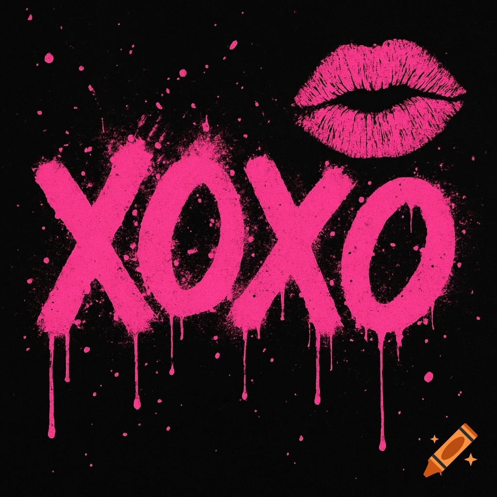 Hot pink graffiti-style 'XOXO' text with paint drips, splatters, and a kiss mark on a black background.