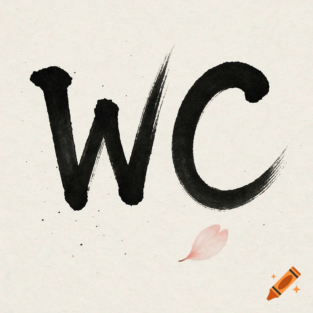 The letters "WC" written in black brushstroke Japanese calligraphy style, with a single pink cherry blossom petal below on an off-white textured background.